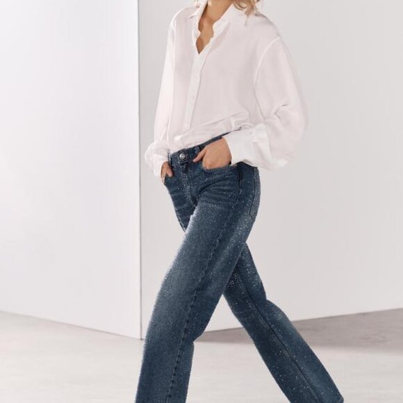 ZARA SS24 STRAIGHT CUT MID RISE RHINESTONE JEANS ZW COLLECTION 4877/047 018/273 - Picture 10 of 16